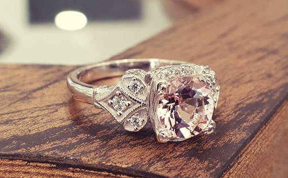 Emerald Cut Morganite Edwardian Engagement Ring in 14 Karat Rose Gold |  Filigree Pink Gold Heirloom — Antique Jewelry Mall