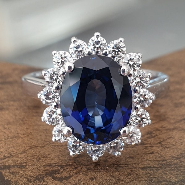 Princess Diana Ring 3ct Oval Blue Sapphire Natural White Diamonds 14k White Gold Engagement Anniversary Wedding Ring For Women