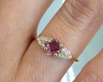 Yellow Gold Gemstone Engagement Ring Diamond Band, Square Pink Tourmaline Promise Ring, Princess Cut Ring, Anniversary Ring, Birthstone Ring