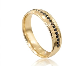 Mens Wedding Band 14k Yellow Gold Black Diamonds, Mens Wedding Ring, Gift For Him