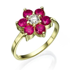 Flower Engagement Ring, Ruby Engagement Ring, Floral Ring, Diamond Ring, Unique Ring, Gemstone Jewelry, Art Deco Ring, Yellow Gold Ring