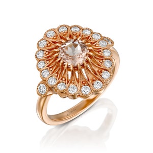 Morganite Engagement Ring Rose Gold Prong Diamond Round Cut Vintage Wedding Unique Jewelry Promise Gift For Her