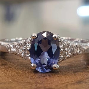 Handmade 14k White Gold Oval Blue Sapphire and Diamond Ring Engagement Promise Anniversary Gift For Her