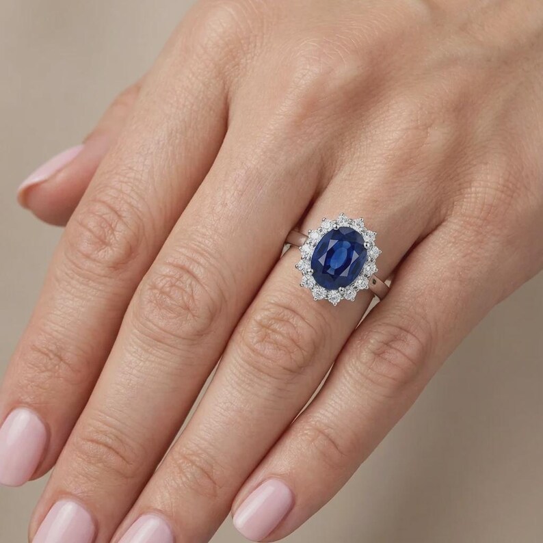 Princess Diana Sapphire Halo Ring 4CT Oval Cut : 9K White Gold, Lab Diamond Accent image 7