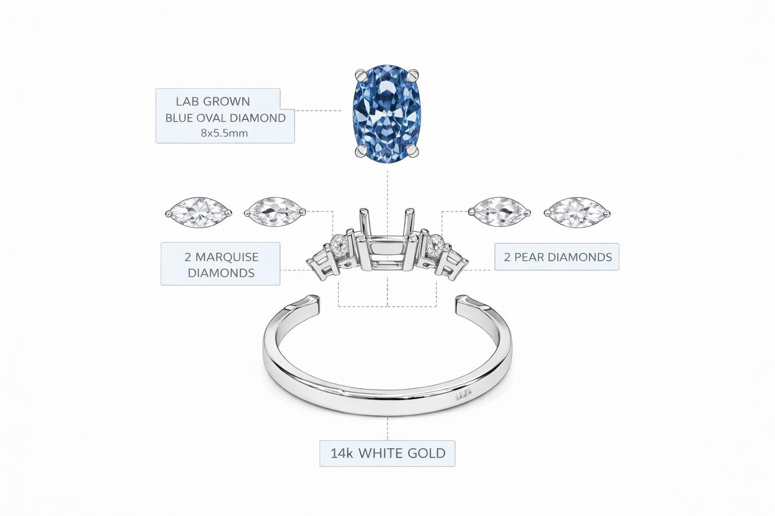Blue Lab Diamond Engagement Ring 14K White Gold, Fancy 1ct Oval Blue ...