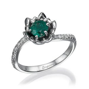 Flower Green Emerald Diamond Ring 14k White Gold, Unique Engagement Ring, Promise Ring, Statement Ring, Cocktail Ring