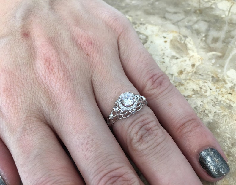 Filigree Diamond Engagement Ring White Gold Halo Setting Rings For Women image 4