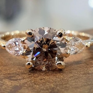 18k Yellow Gold Engagement Ring 1.00 Champagne Diamond Pear Cut Diamonds Handmade Jewelry