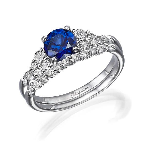 Sapphire Engagement Ring, Blue Sapphire Ring, Engagement Set, White Gold Set Rings, Antique Engagement Ring, Wedding Ring Set, Bridal Set