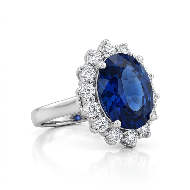 Princess Diana Sapphire Halo Ring 4CT Oval Cut : 9K White Gold, Lab Diamond Accent image 3
