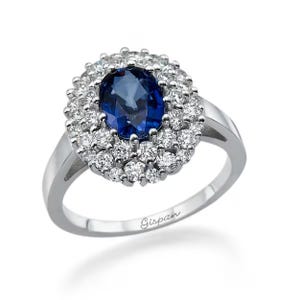 Unique Gemstone Engagement Ring Oval Blue Sapphire Natural Diamonds in 14k White Gold