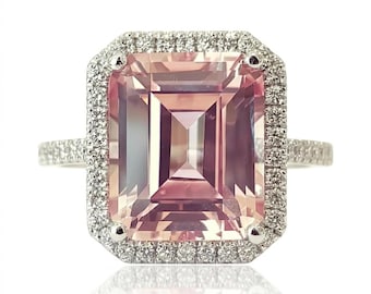 Pink Engagement Ring 7CT morganite Emerald Cut 14k White Gold Halo Settings White Diamonds