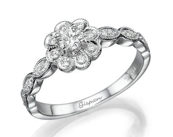 Flower Engagement Ring, Unique Engagement Ring, Art Deco Ring, Floral Ring, Promise Ring, Statement Ring, Diamond Engagement Ring, Gift