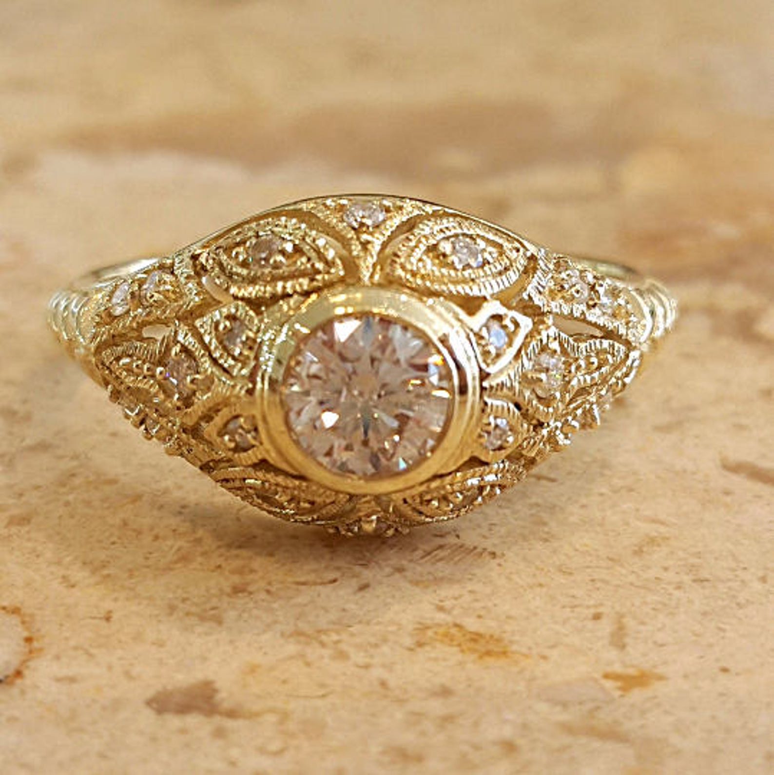 Antique Engagement Ring 14k Yellow Gold Halo Setting Etsy