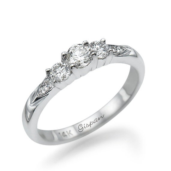 3 Diamond Engagement Ring White Gold Engagement Ring Round Etsy