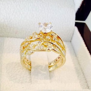 Leaves Engagement Set Yellow Gold 14k, Wedding Set, Antique Ring ...