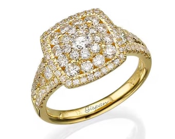 Anillo de compromiso de diamantes cuadrados en oro amarillo de 14 k. Anillo llamativo con halo en racimo. Anillo nupcial único de doble banda. Anillo de lujo.
