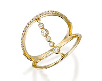 Anillo de doble banda con diamantes en oro amarillo de 14 quilates: anillo de aniversario Art Déco