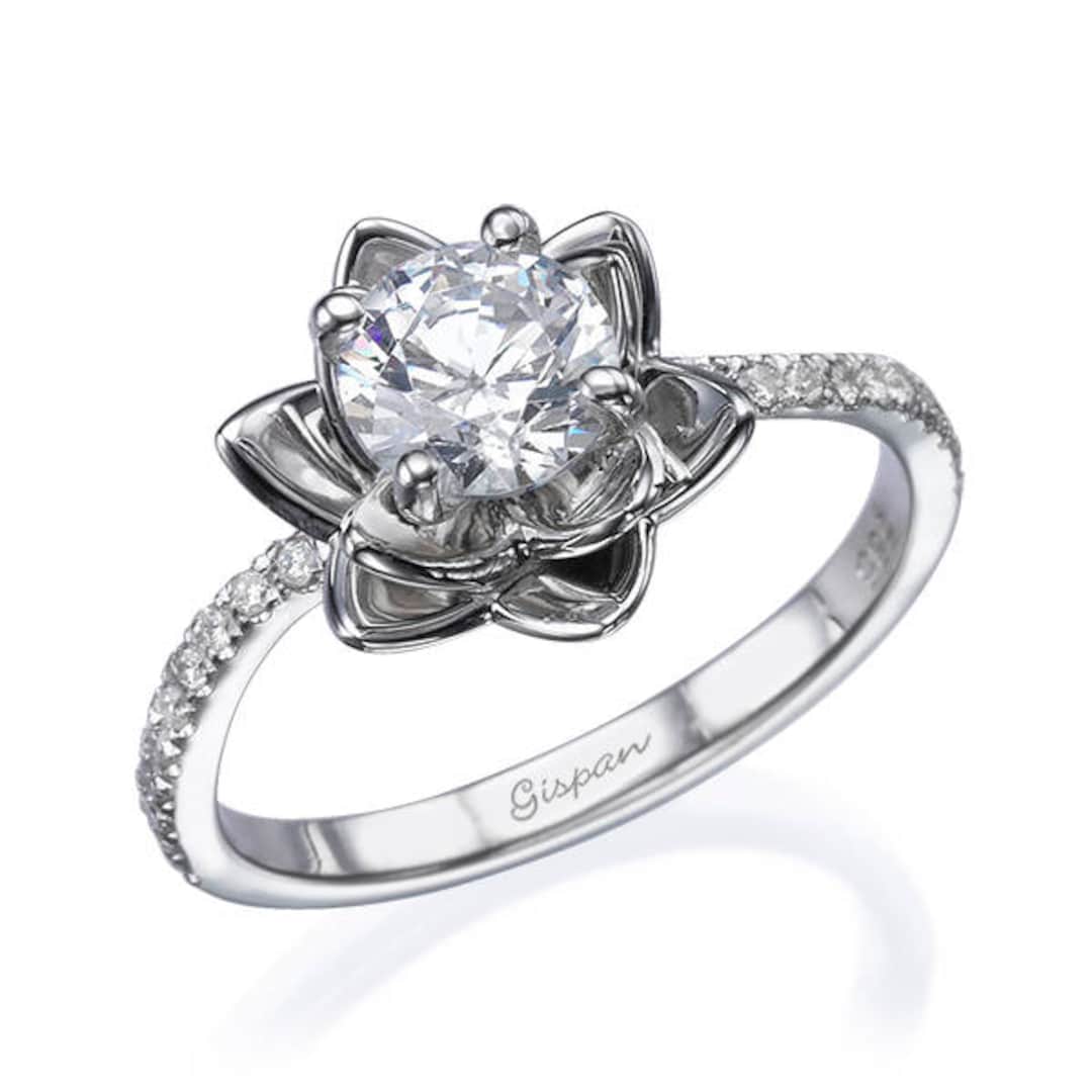 Flower Engagement Ring 1.00 Carat Diamond 14K White Gold, Unique