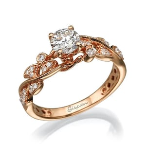 Rose Gold Leaf Diamond Engagement Ring, Anniversary Promise Ring, Nature Inspired Ring for Women