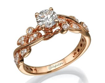 Rose Gold Leaf Diamond Engagement Ring, Anniversary Promise Ring, Nature Inspired Ring for Women