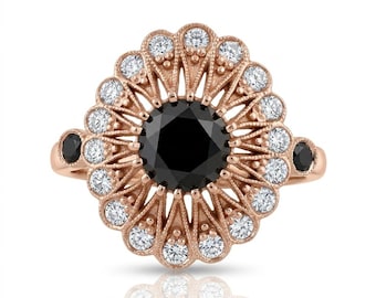 Unieke verlovingsring 14k roségoud zwarte diamant witte diamanten