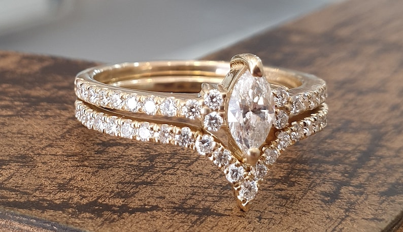 Wedding Ring Set Marquise Diamond 14k Yellow Gold Matching Wedding Band Engagement Ring Set For Women Unique Bridal Set image 6