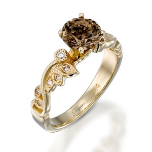Leaf Ring 14k Yellow Gold Champagne Diamond And White Diamonds, Unique Engagement Promise Anniversary Ring For Women