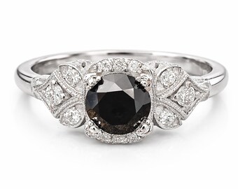 Vintage Black Diamond Engagement Ring 14K White Gold, 1ct Round Black Diamond with White Diamonds, Handmade Bridal Ring