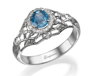 Unique Blue Sapphire Engagement Ring In 14k White Gold With Natural Diamonds In Filigree Design