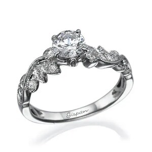 Förlovningsring med moissanit i löv, alternativ förlovningsring, lövring, antik ring, ring i 14 karat vitguld, bandring, för alltid briljant bild 1