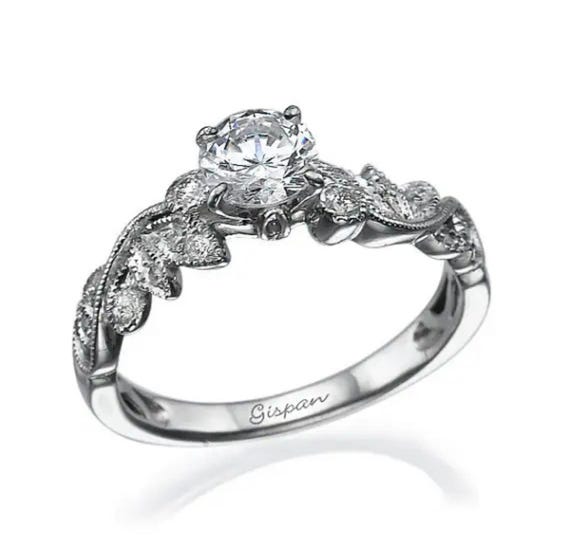 Leaves Moissanite engagement ring, Alternative Engagement Ring, Leaf ring, Antique Ring, 14k white gold ring, band ring, forever brilliant