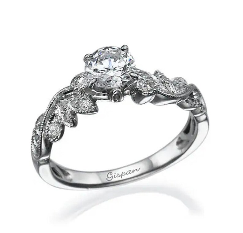 Förlovningsring med moissanit i löv, alternativ förlovningsring, lövring, antik ring, ring i 14 karat vitguld, bandring, för alltid briljant bild 1