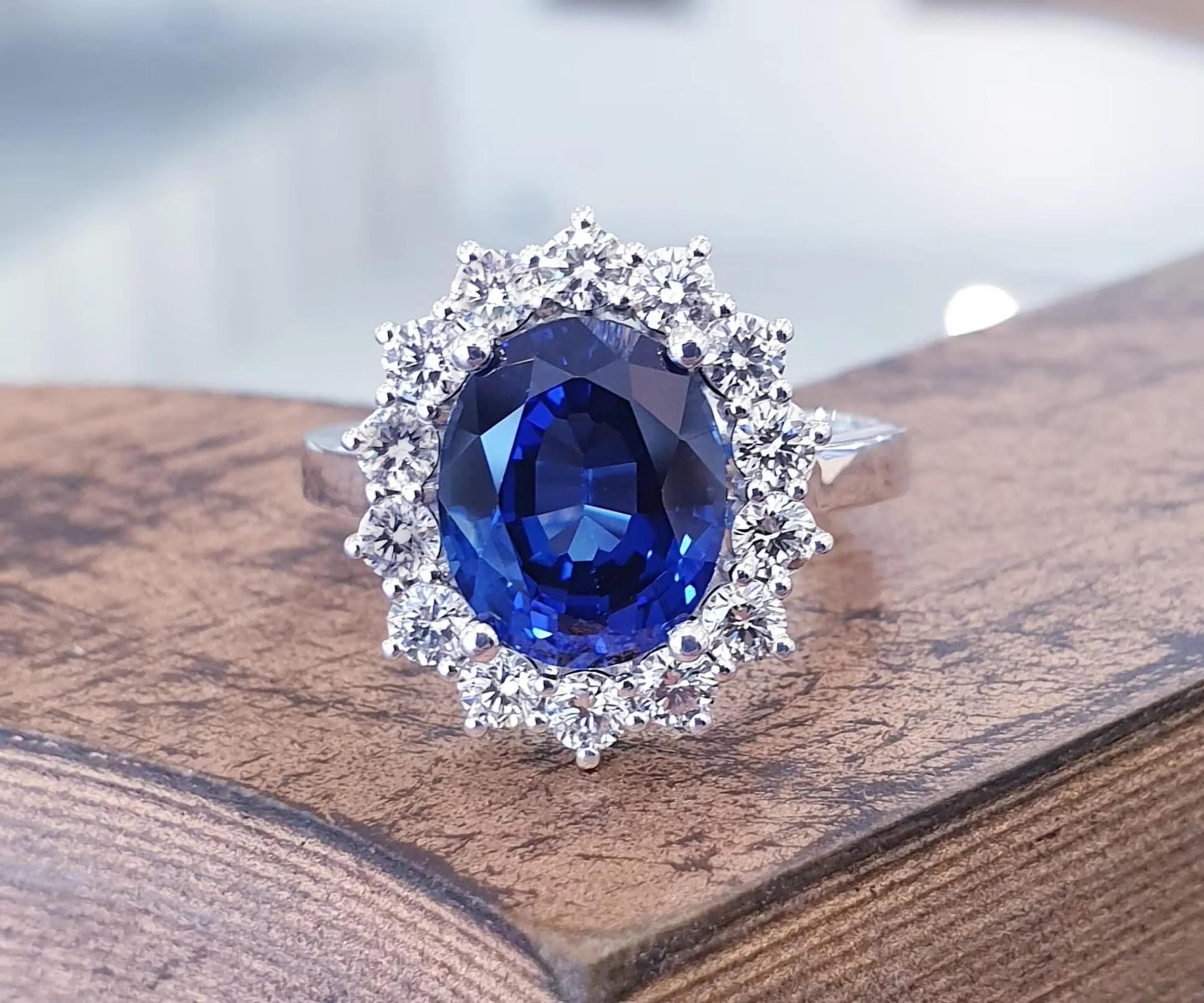Oval 4CT Blue Sapphire Anniversary Engagement Ring 14k White Gold With Natural Diamonds, Princess Diana Ring, GIft For Her