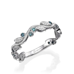 Leaves Blue Diamond Ring 14k White Gold, Leaf Wedding Band For Women, Blue Diamond Wedding Ring