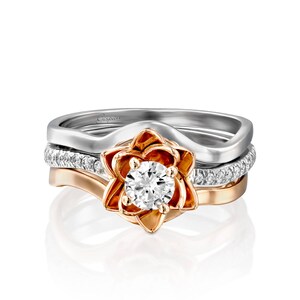 Flower Engagement Ring, Gold Engagement Set, Wedding Ring, Floral Ring, Two Tone Ring, Flower Diamond Ring, Gispandiamonds, Art Deco Ring