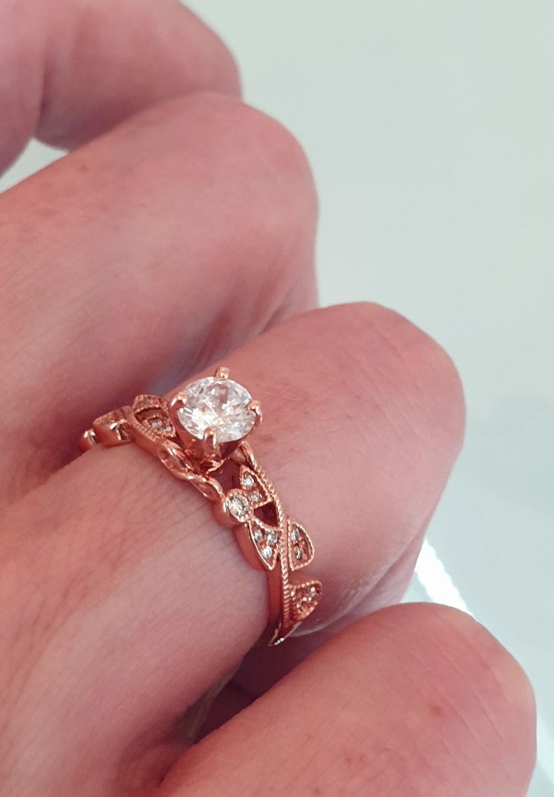 Rose Gold Leaf And Diamond Engagement Ring Anniversary Promise Rings For Women image 3