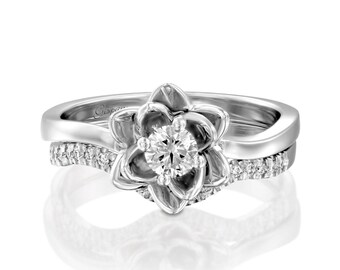 Flower Engagement Set, Wedding Set, Band Set, Diamond Ring Set, Unique Ring Set, Engagement Ring, White Gold Rings, Gold Set