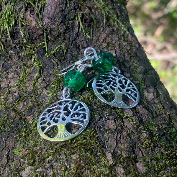 Furnace Glass and Silver Tree of Life  Earrings