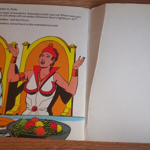 May include: A comic book illustration of a woman with red hair and a white and red costume, sitting on a throne. She is looking to the right and raising her right hand. A man with blonde hair and a red costume is sitting on a throne to the left. He is looking at the woman and holding a glass of wine. The text in the image reads: "Yesterday's battle was not! Where were you that Adam? Why are you always off someplace whenever there's fighting to do?"