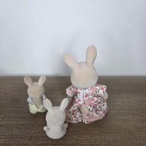 Pode incluir: Tr&ecirc;s pequenas figuras de coelhos. Um coelho est&aacute; vestindo um vestido floral rosa, outro est&aacute; vestindo uma camisa amarela e o terceiro &eacute; de cor cinza s&oacute;lida. Os coelhos est&atilde;o em uma superf&iacute;cie de madeira marrom.