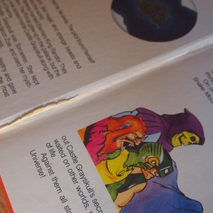 May include: A page from a children's book featuring a comic book style illustration of a group of characters from the Masters of the Universe. The characters are Skeletor, Beast Man, and He-Man. The text on the page reads "Out Castle Grayskull's secret waited on other worlds, of life. Against them all stood the Universe!"