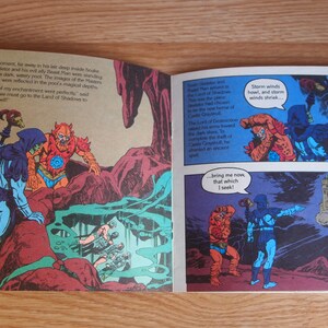 May include: A comic book page featuring a scene from the Masters of the Universe. Skeletor, a villain in a black and green costume, stands in a dark, watery pool. He is surrounded by other characters, including Beast Man, who is wearing a red and orange costume. The text on the page reads: "The first part of my enchantment went perfectly... Now we must go to the Land of Shadows to complete the spell!"