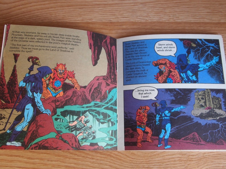 May include: A comic book page featuring a scene from the Masters of the Universe. Skeletor, a villain in a black and green costume, stands in a dark, watery pool. He is surrounded by other characters, including Beast Man, who is wearing a red and orange costume. The text on the page reads: "The first part of my enchantment went perfectly... Now we must go to the Land of Shadows to complete the spell!"