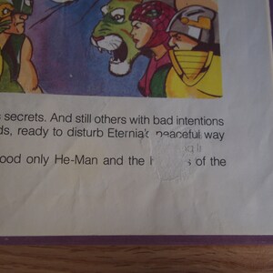 May include: A book cover featuring a cartoon illustration of characters. The text on the cover reads "rayskull's secrets. And still others with bad intentions from other worlds, ready to disturb Eternia's peaceful way. Them all stood only He-Man and the Masters of the"