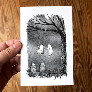 4x6" Art Print, Spooky Pen and Ink Drawing of Ghost Friends and Swing, Black and White Gothic Decor, Cute Horror Art by Laurie A. Conley