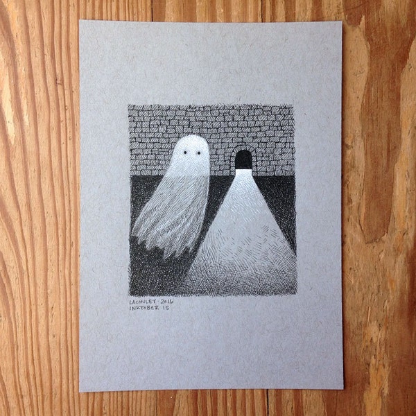 Original 5x7 Pen and Ink Drawing, 15 Inktober 2016, Illustration on Gray Paper of Ghost in Black and White by Laurie A. Conley