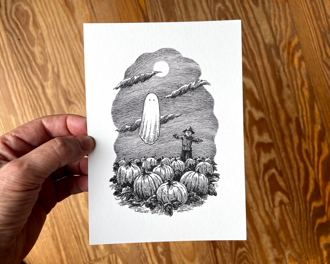 5x7 Giclée Art Print, Pen and Ink Drawing of Cute Ghost and Scarecrow ...