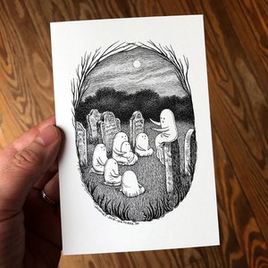 4x6 Spooky Art Print, Pen and Ink Drawing of Ghost Friends Telling Stories in the Graveyard, Black and White Gothic Art by Laurie A. Conley