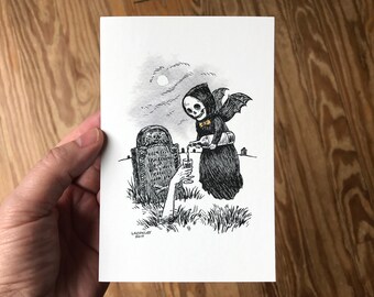 4x6 Macabre Art Print, Pen and Ink Drawing of Grim Reaper Pouring Wine in Cemetery, Spooky Wine Bar Humor, Gothic Décor by Laurie A. Conley